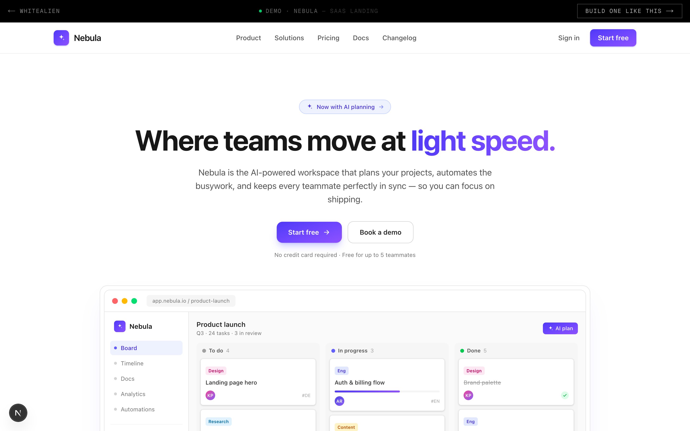 Nebula — SaaS Landing template, hero section